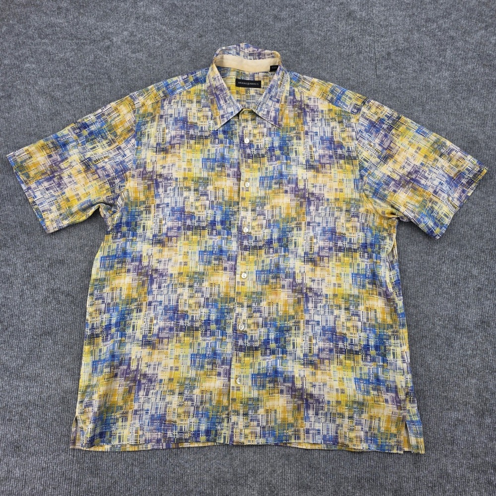Jhane Barnes Mens XL Silk Short Sleeve Button Down Shirt Abstract Grid Blue Gold